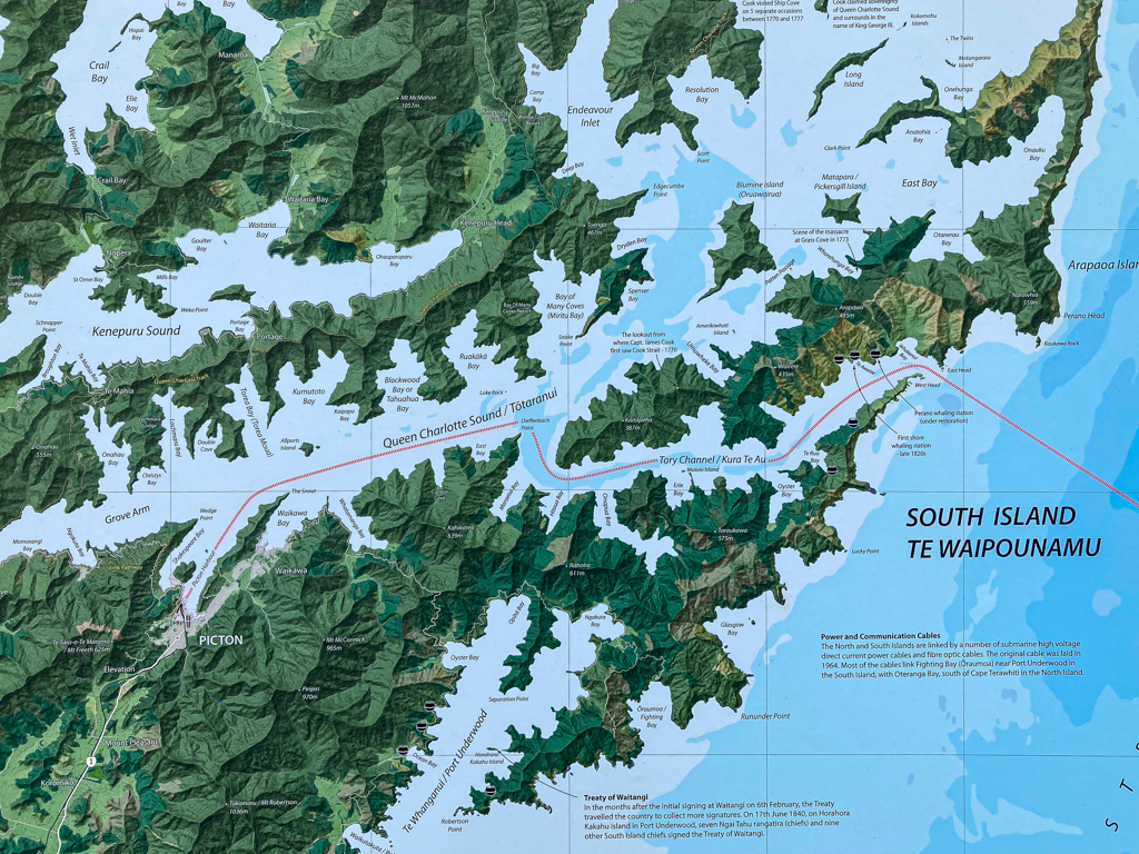 Karte des Marlborough Sounds auf dem Oberdeck