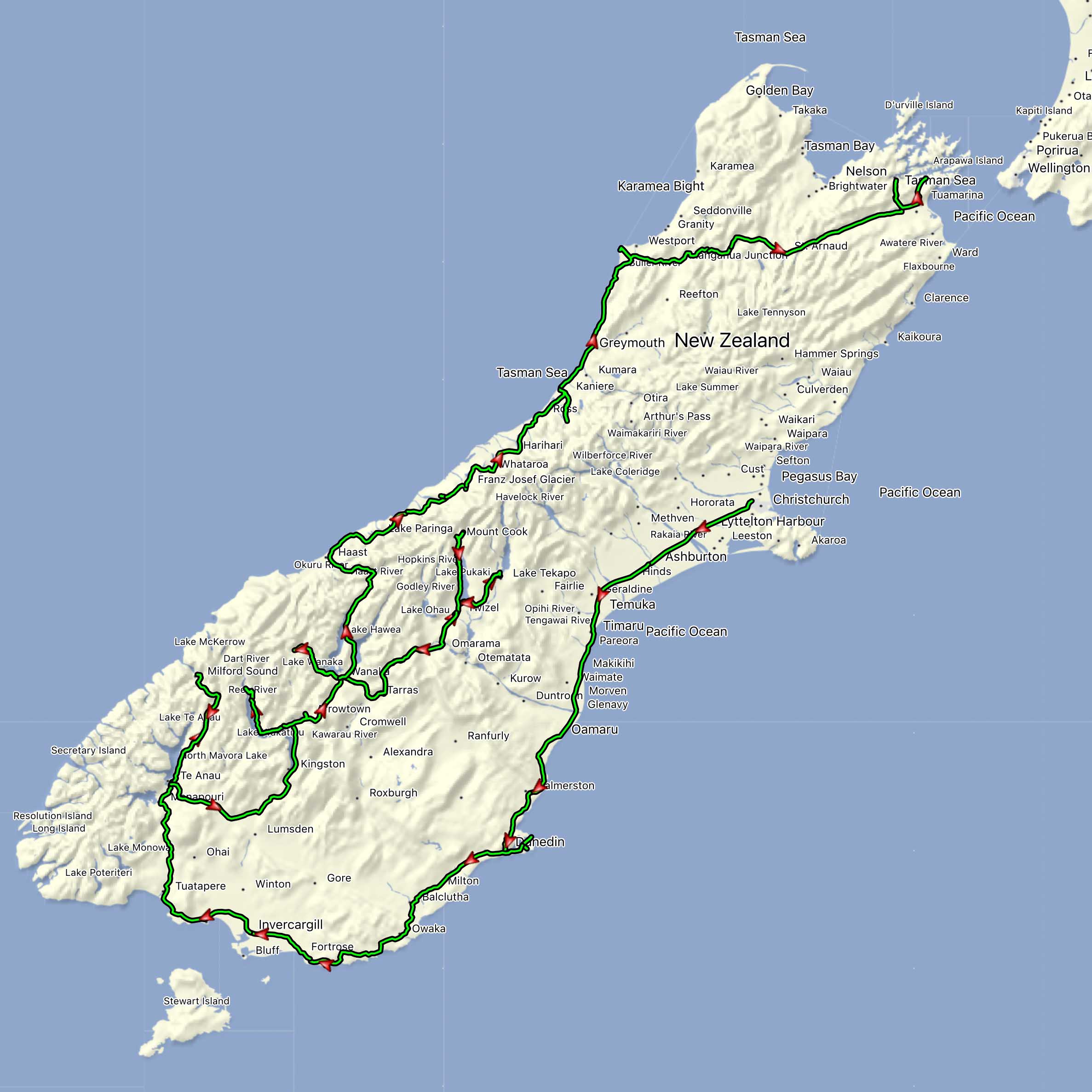 Reiseroute Neuseeland Süd