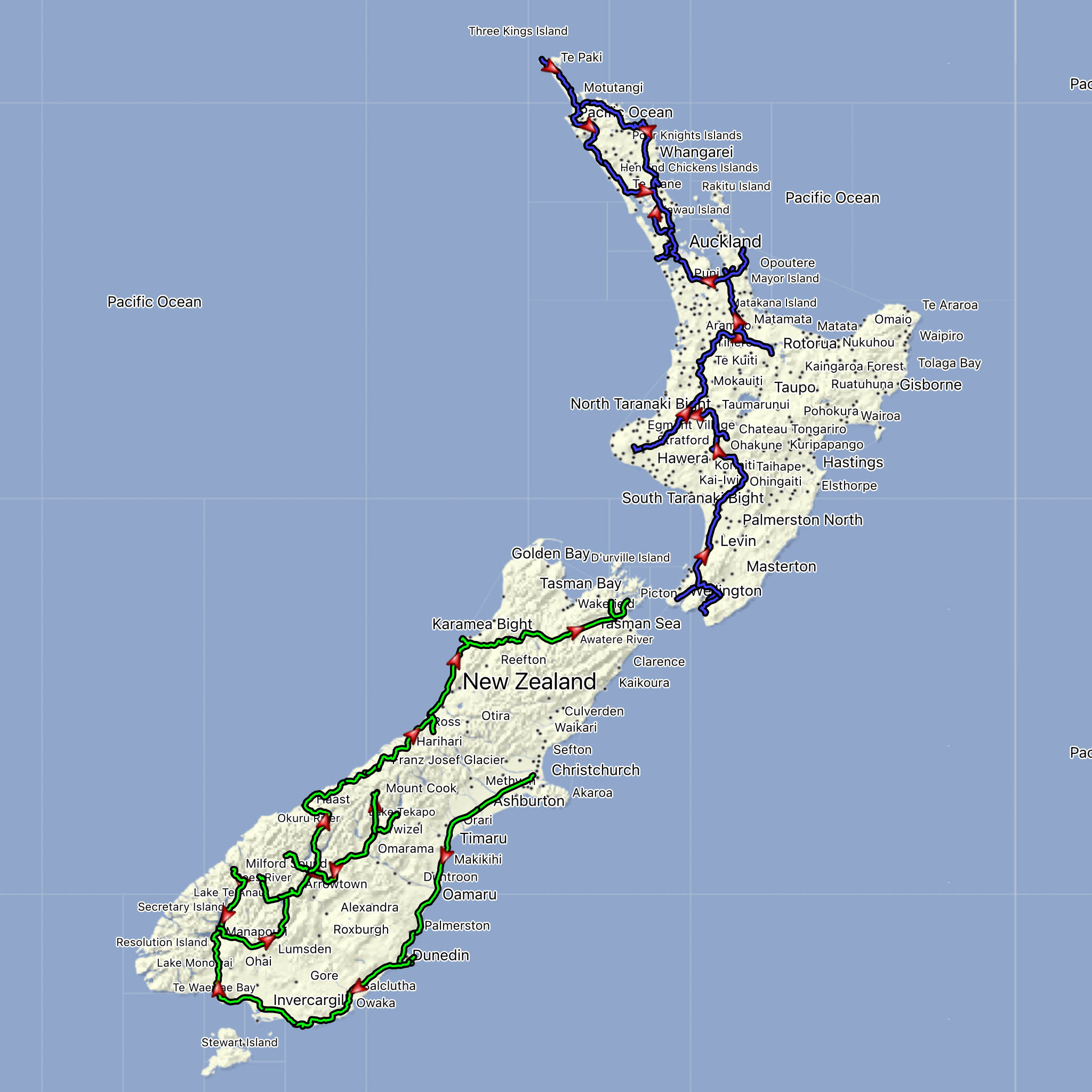 Reiseroute Neuseeland