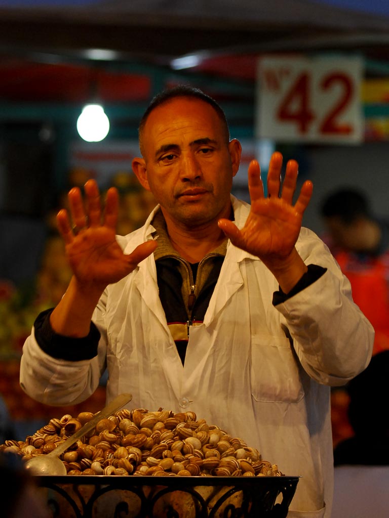 Escargo merchant at Jemaa el-Fnaa, Marrakesh, Morocco