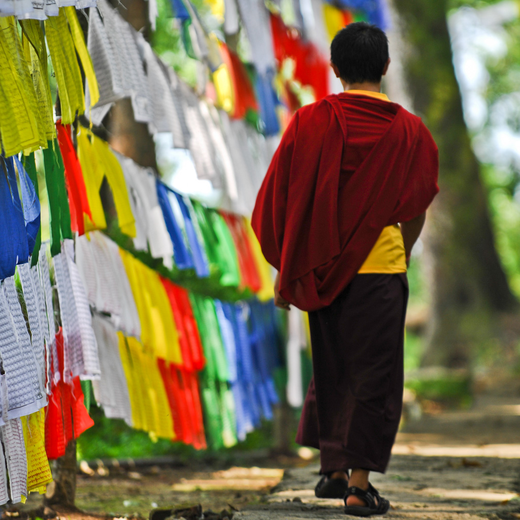 Monk and prayer flags