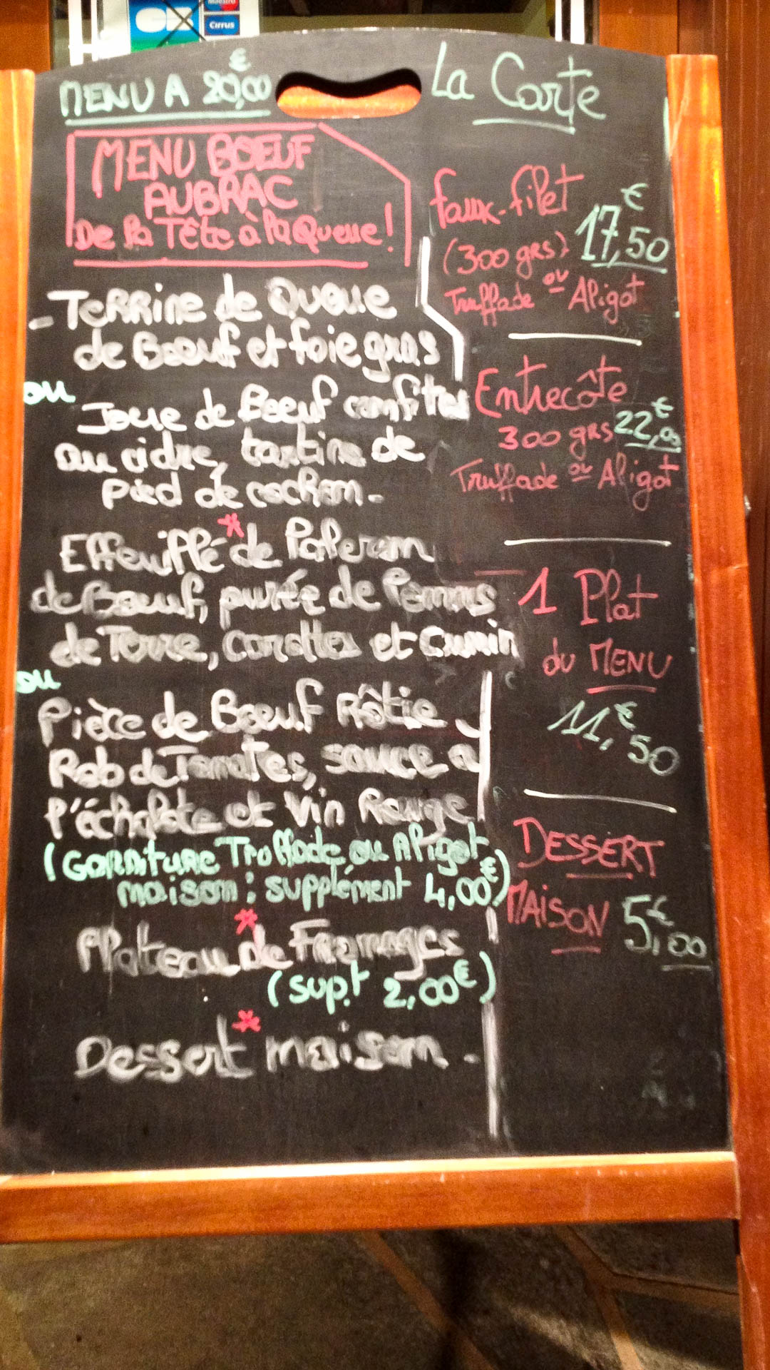 Menu L'Auberge du Taureau, Laguiole